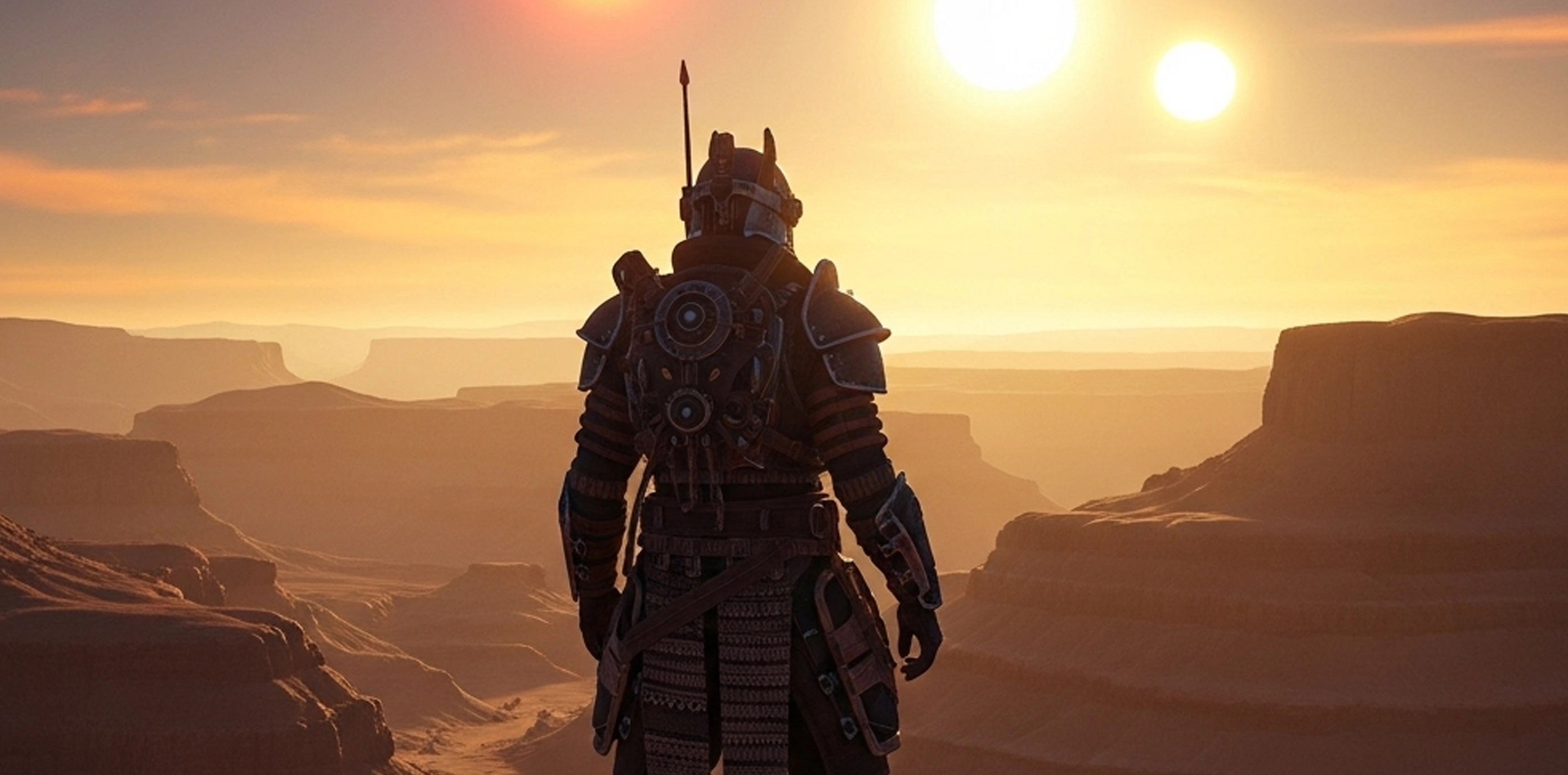 man looking out onto a desert landscape with the sun beaming on him