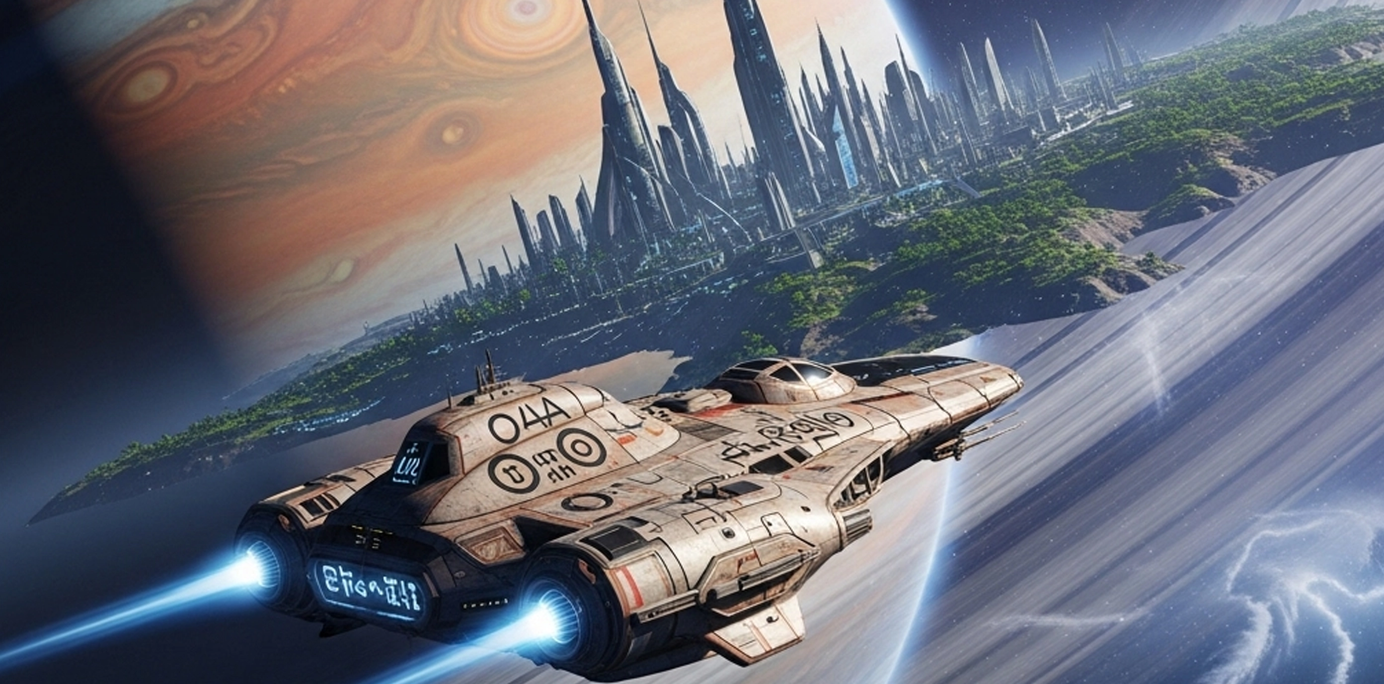 spaceship coming into land on a panetal city