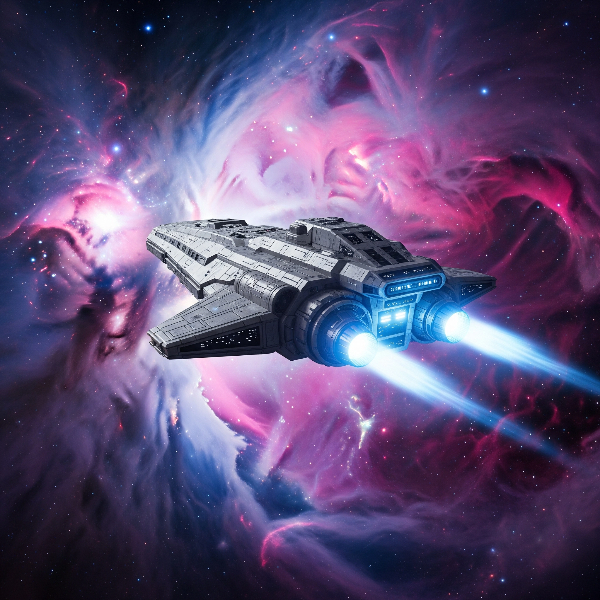 Spaceship flying through space at warpspeed using thrusters