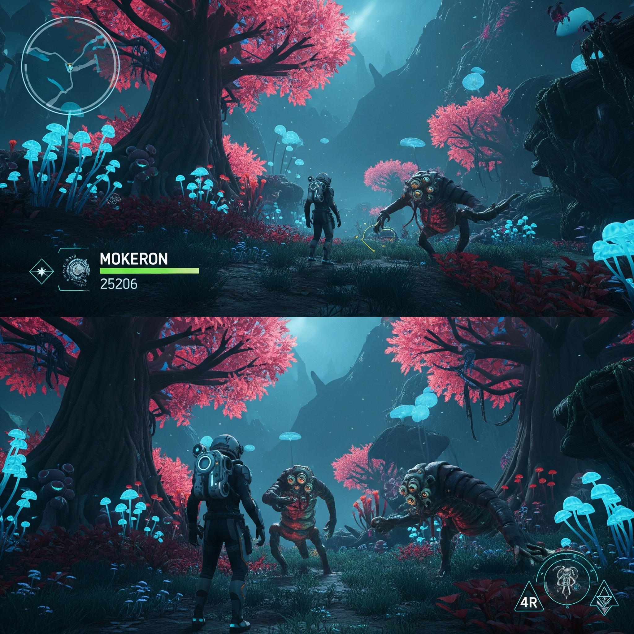 Aliens and spaceman fighting in a forested area