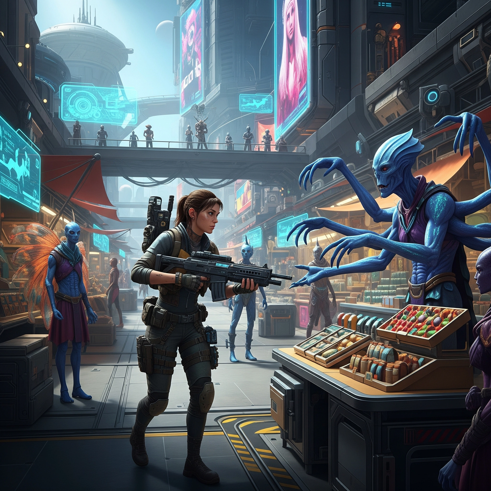 Space woman with a gun in a futuristic city marketplace