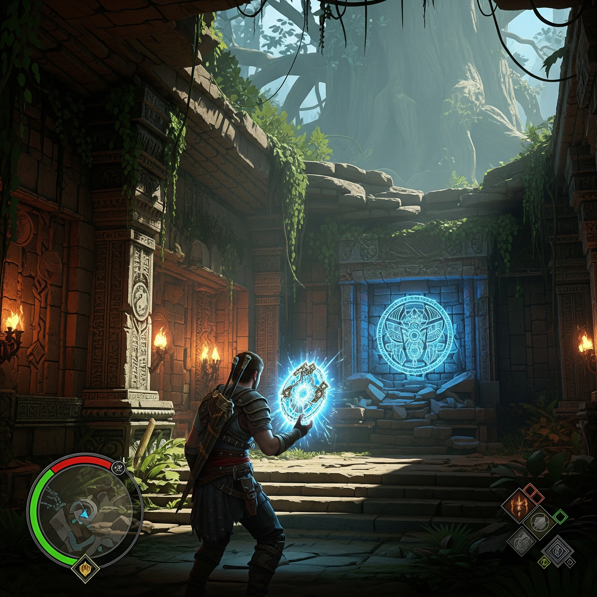 Spaceman in an abandoned temple with a glowing artifact